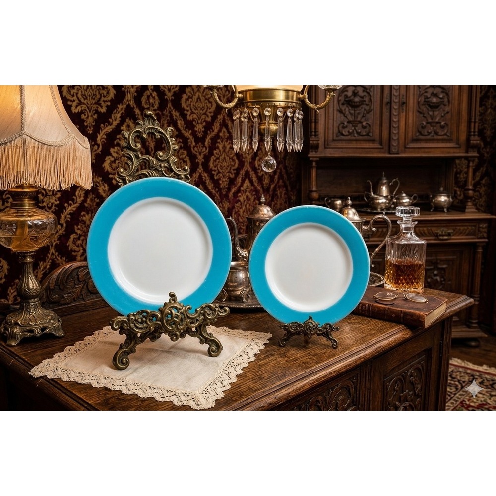 Vintage Pyrex Turquoise Blue Band Milk Glass Dinner Plates Set of 2 MCM USA